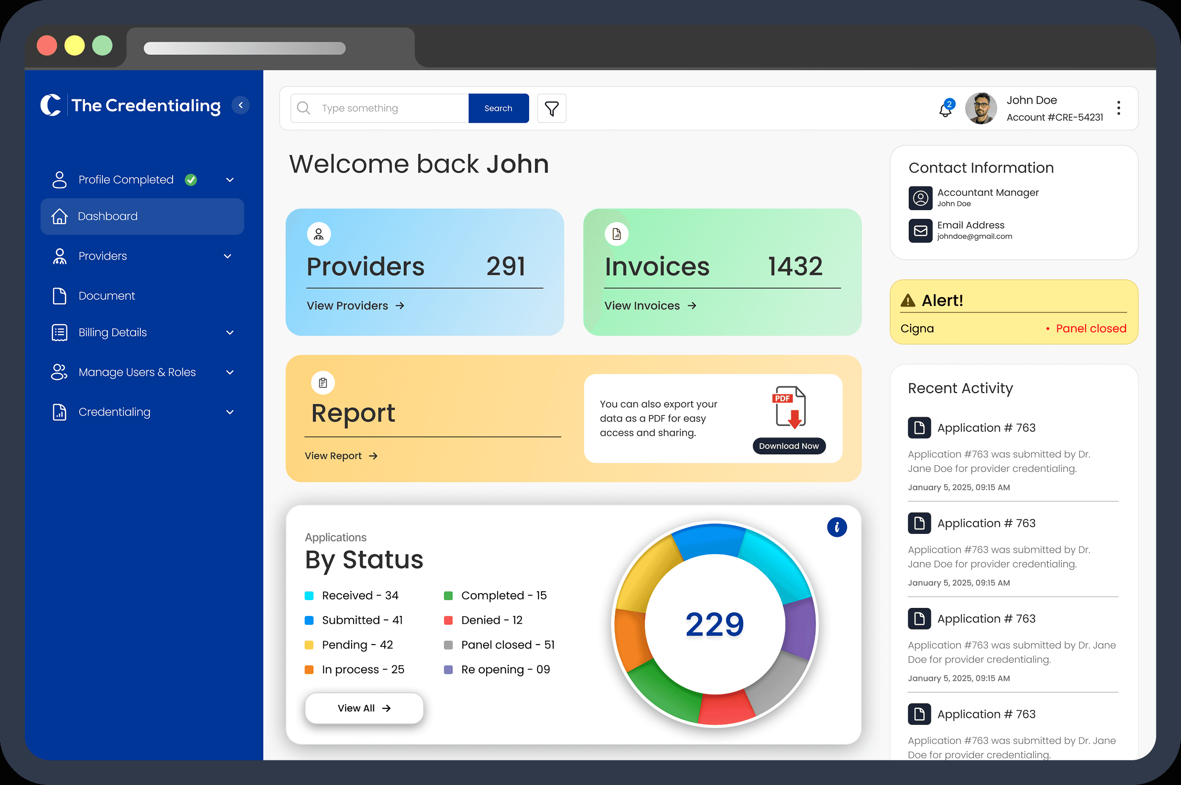 The Credentialing Portal Dashboard showing provider management and verification status